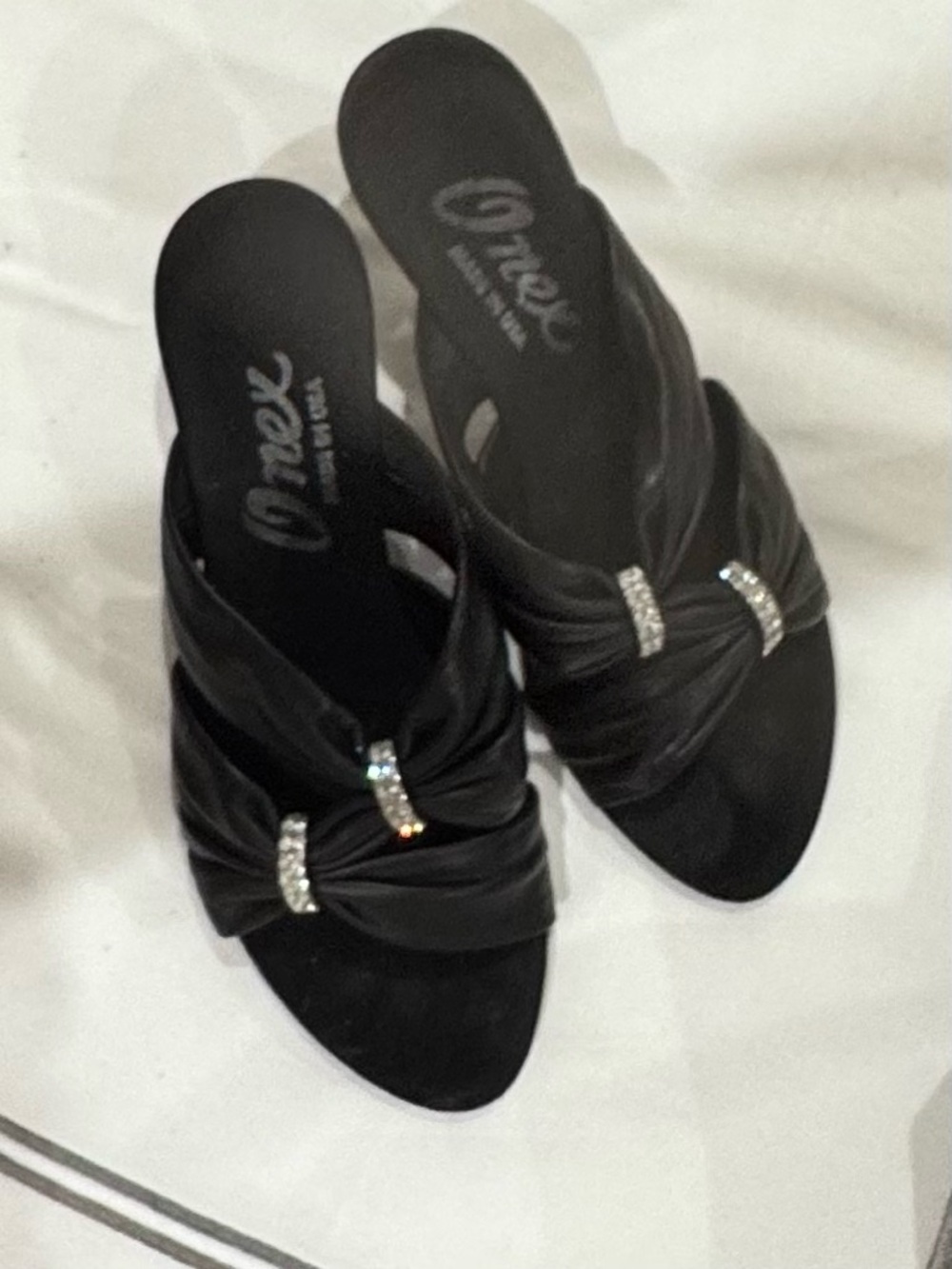 Black Slip-On Knot Mules with Rhinestone Bars